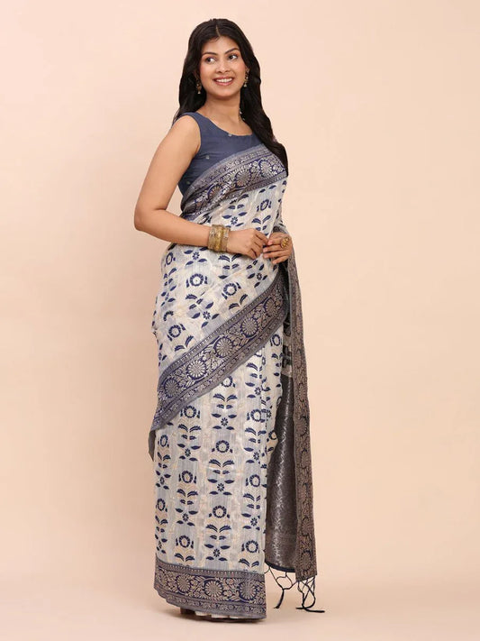 Navy Blue Linen Cotton Saree With Blouse Piece - EZBER