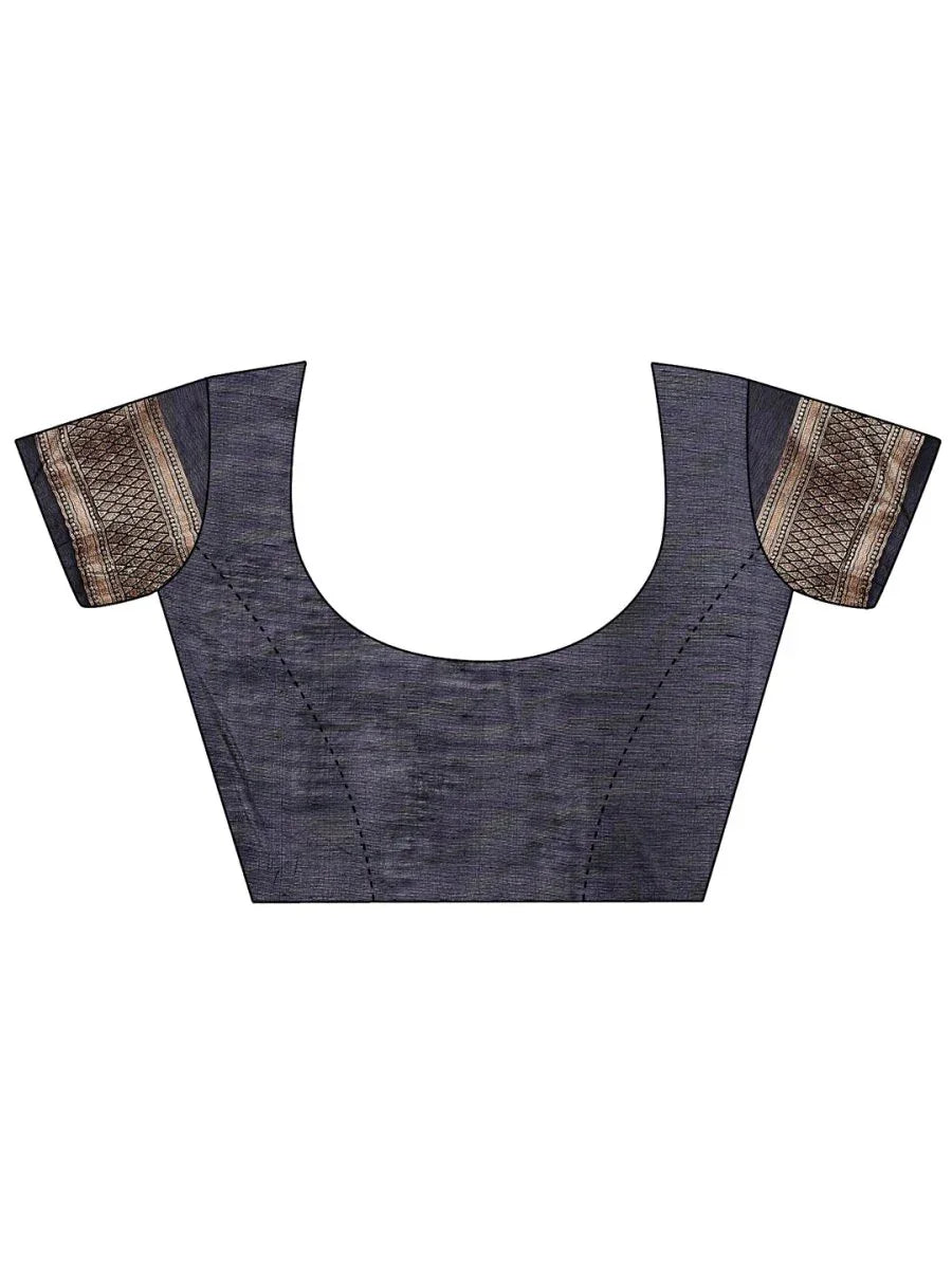 Navy Blue Linen Cotton Saree With Blouse Piece - EZBER