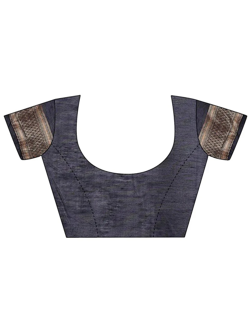 Navy Blue Linen Cotton Saree With Blouse Piece - EZBER