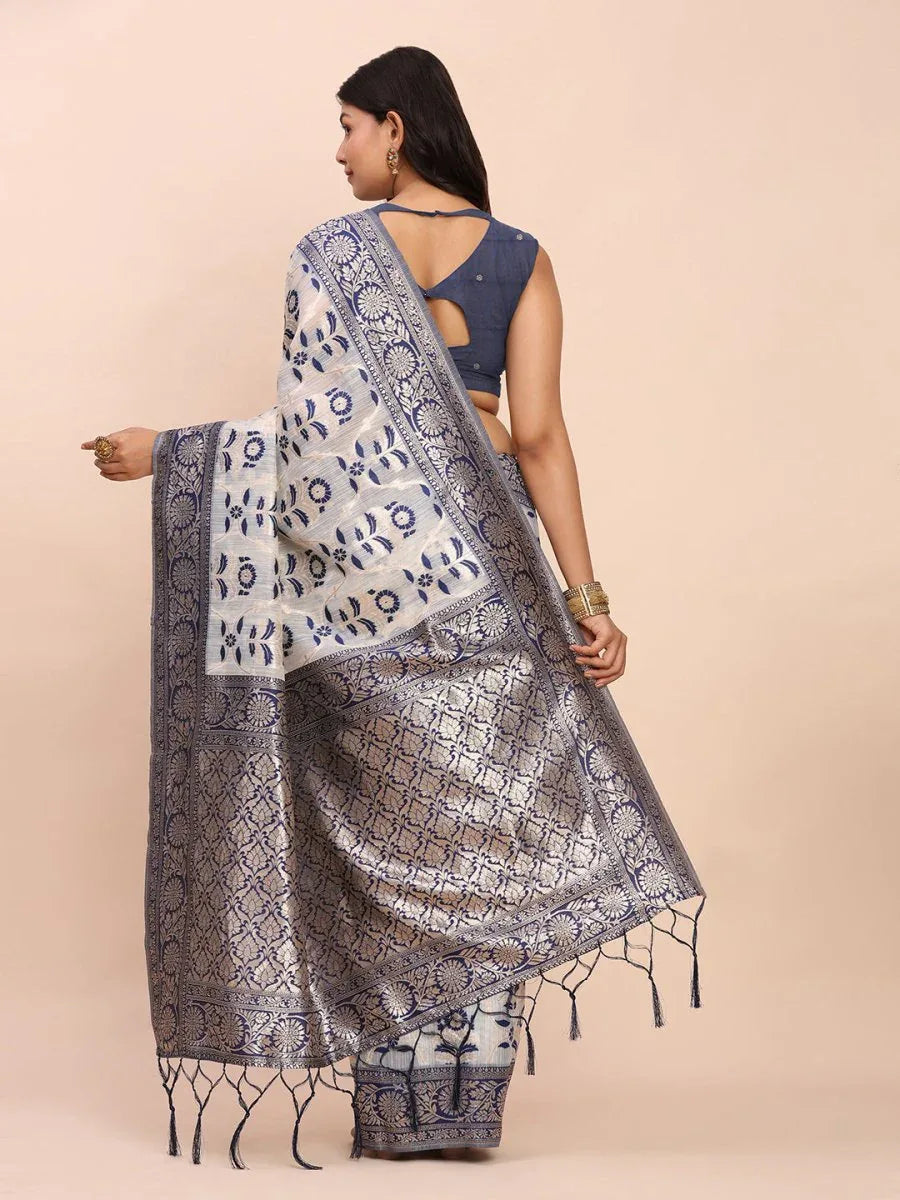 Navy Blue Linen Cotton Saree With Blouse Piece - EZBER