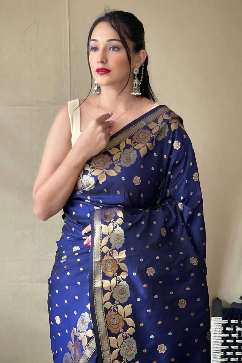 Navy Blue Silk Saree - EZBER