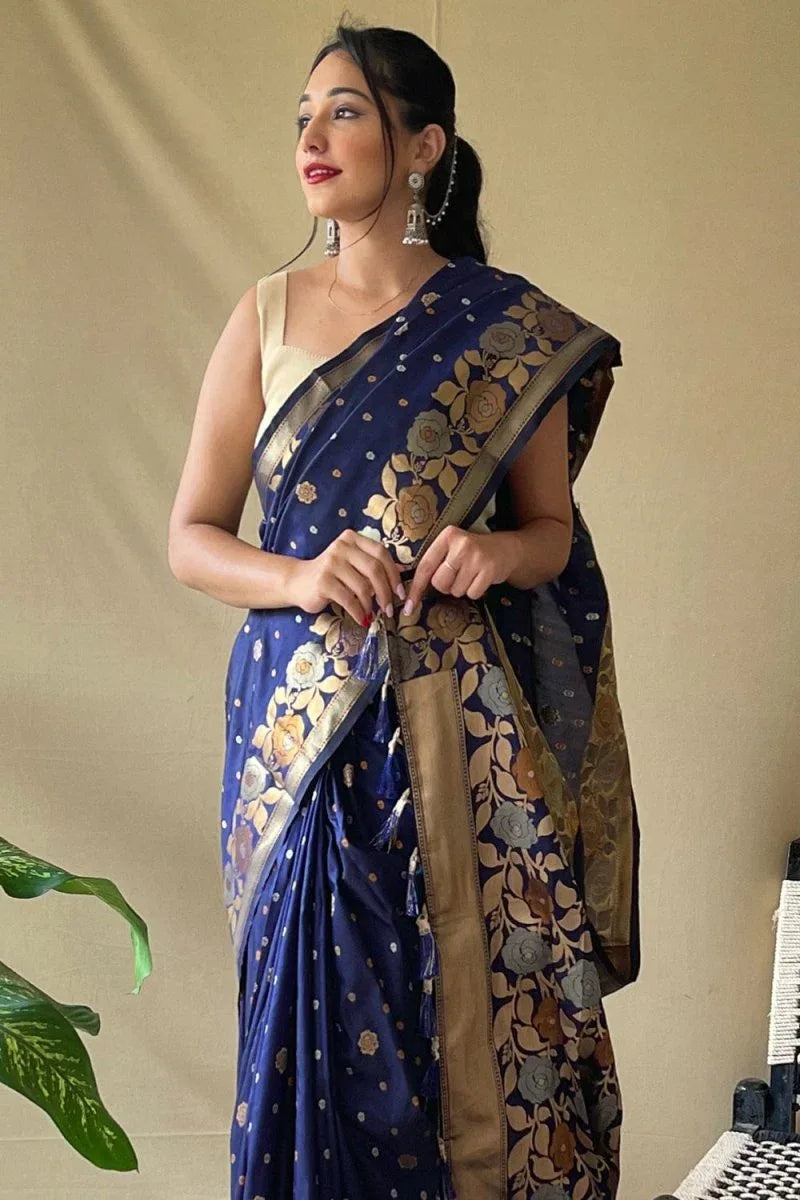 Navy Blue Silk Saree - EZBER