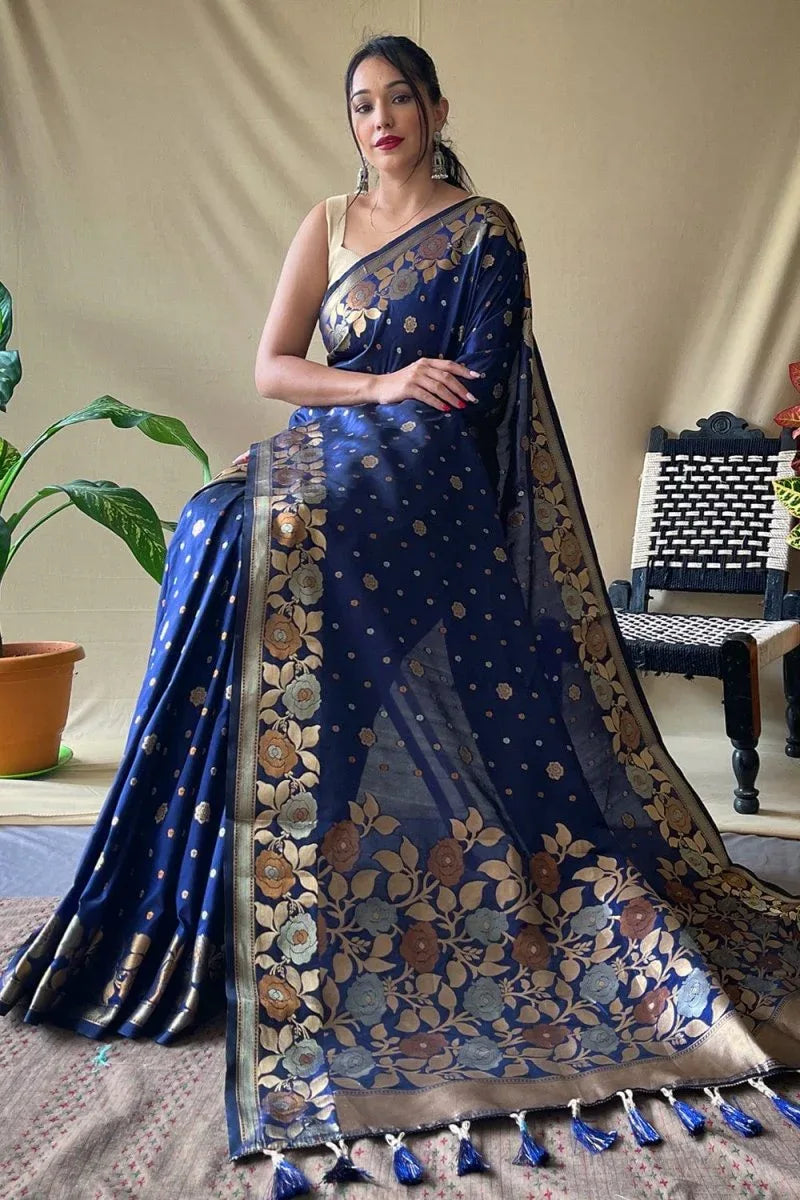 Navy Blue Silk Saree - EZBER