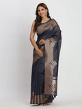 Navy Blue TAARINI Linen Cotton Saree with Blouse Piece - EZBER