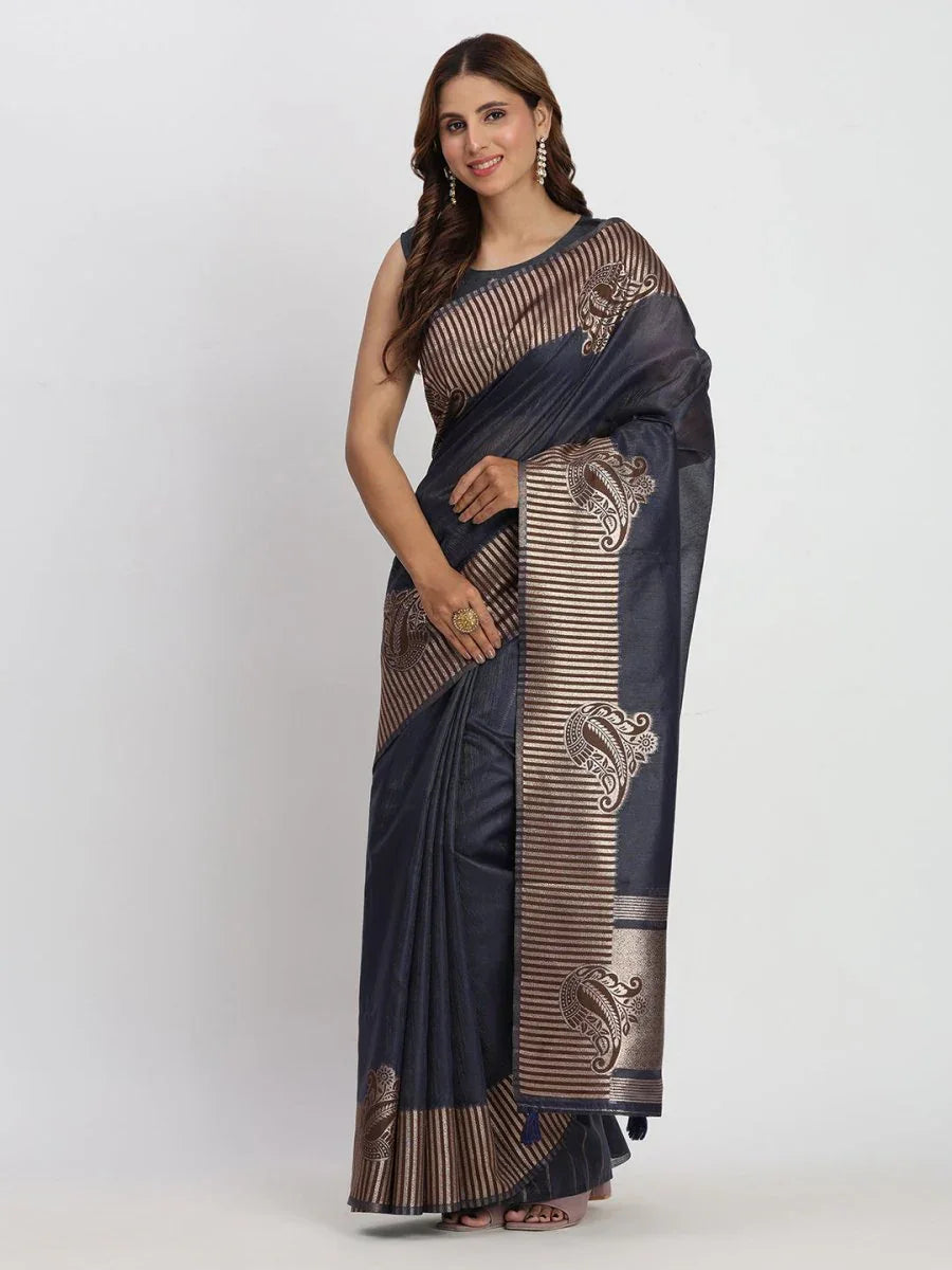 Navy Blue TAARINI Linen Cotton Saree with Blouse Piece - EZBER
