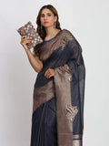 Navy Blue TAARINI Linen Cotton Saree with Blouse Piece - EZBER