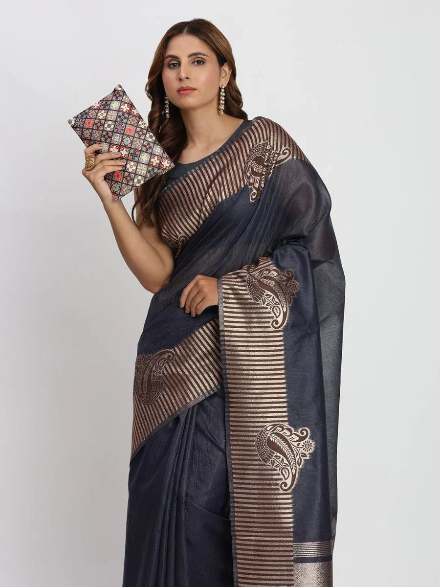 Navy Blue TAARINI Linen Cotton Saree with Blouse Piece - EZBER