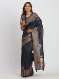 Navy Blue TAARINI Linen Cotton Saree with Blouse Piece - EZBER
