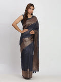 Navy Blue TAARINI Linen Cotton Saree with Blouse Piece - EZBER