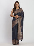 Navy Blue TAARINI Linen Cotton Saree with Blouse Piece - EZBER