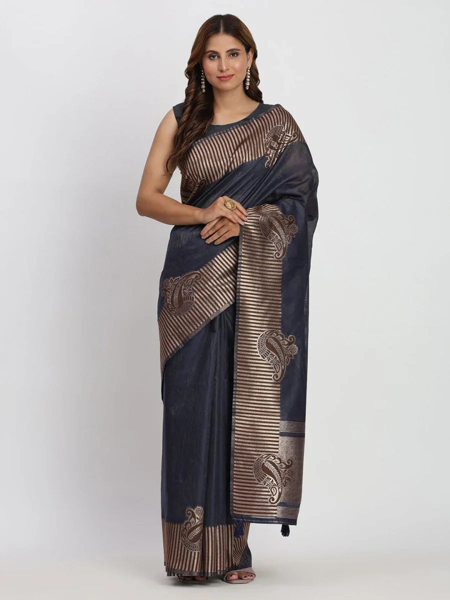 Navy Blue TAARINI Linen Cotton Saree with Blouse Piece - EZBER