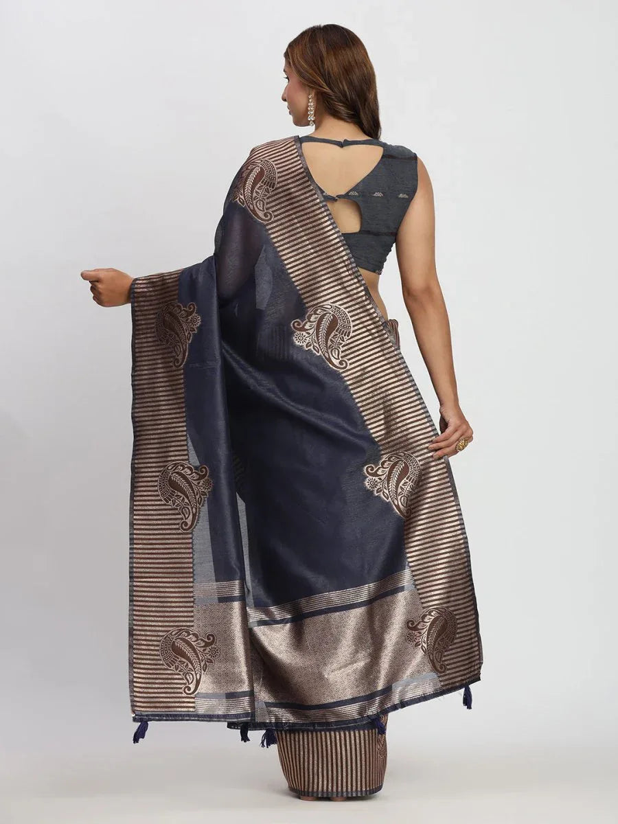 Navy Blue TAARINI Linen Cotton Saree with Blouse Piece - EZBER