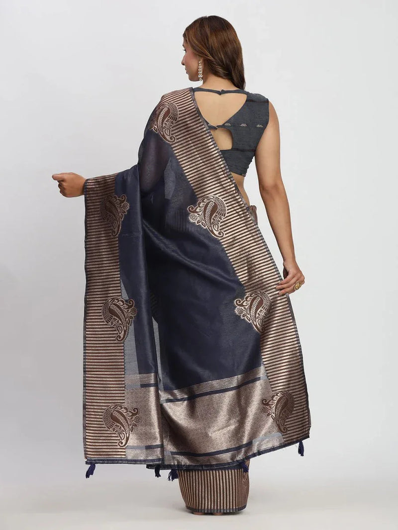 Navy Blue TAARINI Linen Cotton Saree with Blouse Piece - EZBER