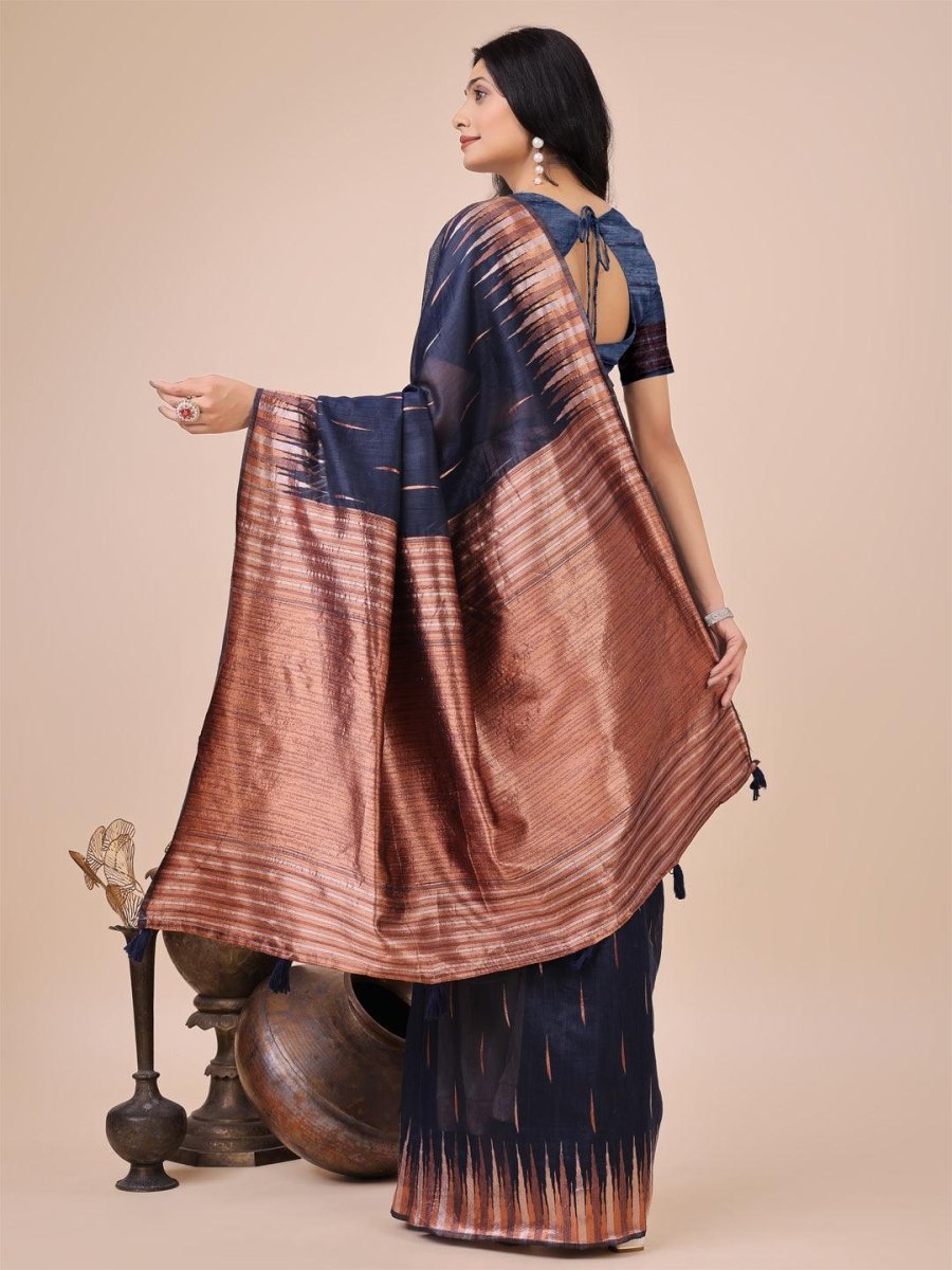 Navy Linen Cotton Brocade Saree | EZB SI04 ASTAR1004 - EZBER