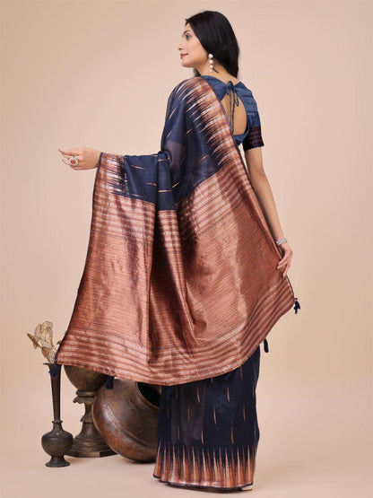 Navy Linen Cotton Brocade Saree | EZB SI04 ASTAR1004 - EZBER