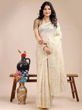 Off White Cotton Saree With Blouse Piece - EZBER