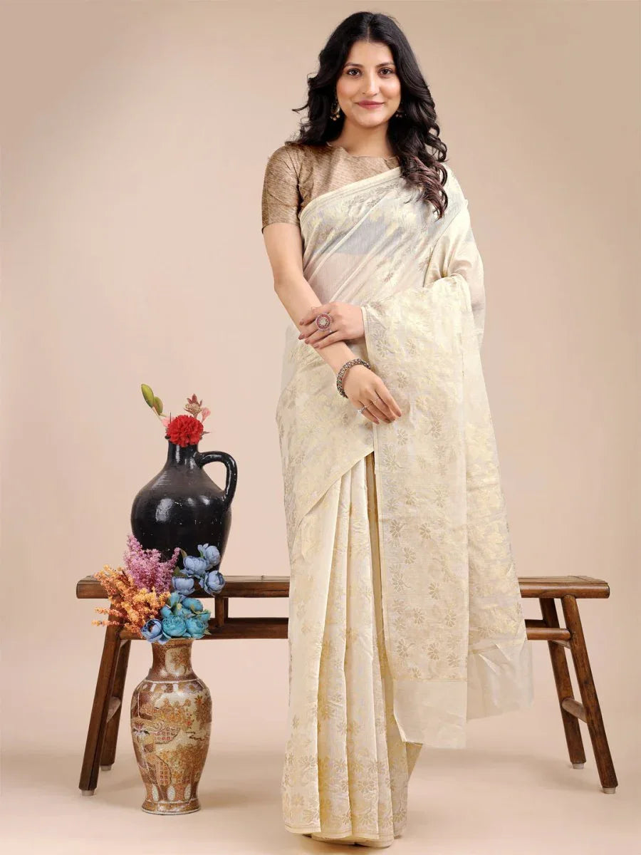Off White Cotton Saree With Blouse Piece - EZBER