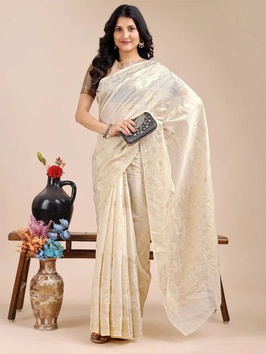 Off White Cotton Saree With Blouse Piece - EZBER
