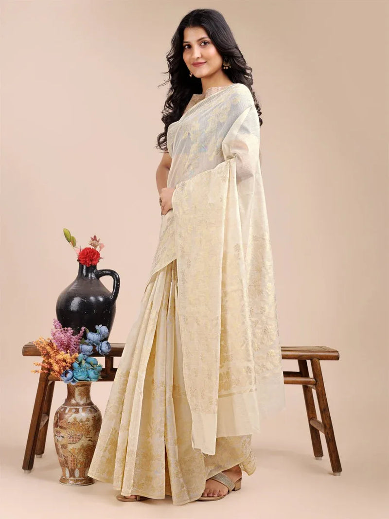 Off White Cotton Saree With Blouse Piece - EZBER