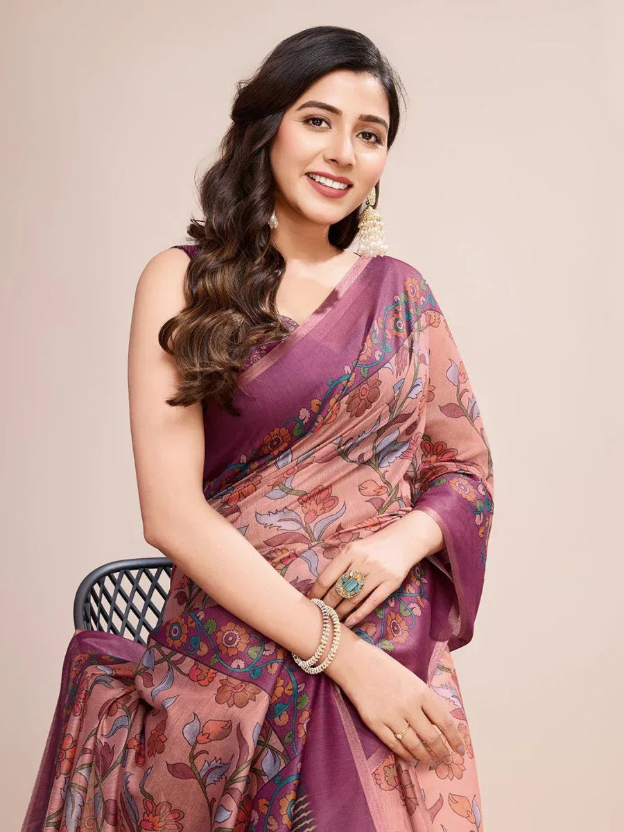 Off White Linen Blend Saree With Blouse Piece - EZBER