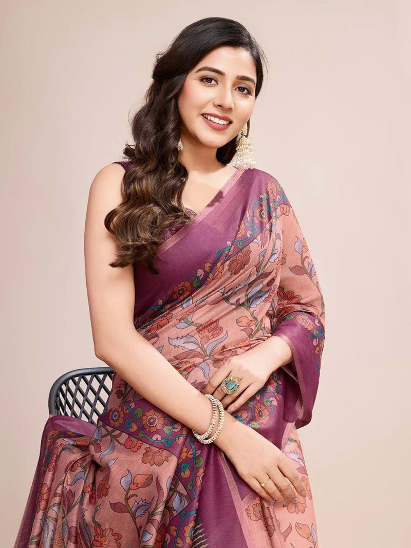 Off White Linen Blend Saree With Blouse Piece - EZBER