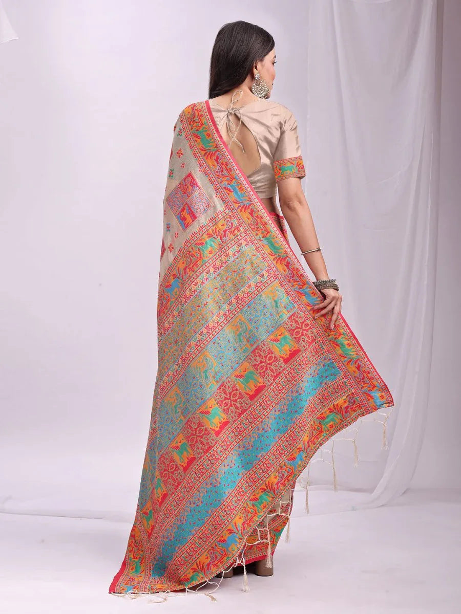 Off White Linen Cotton Saree With Blouse Piece - EZBER