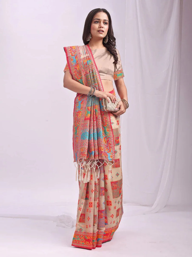 Off White Linen Cotton Saree With Blouse Piece - EZBER