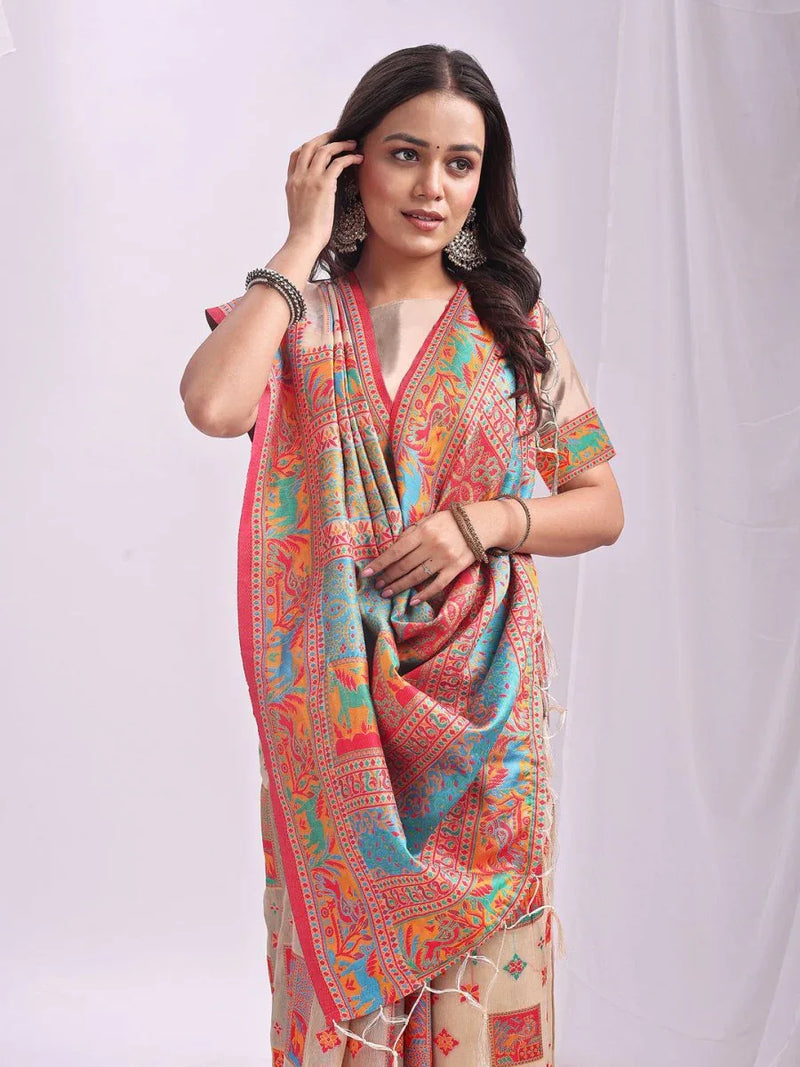 Off White Linen Cotton Saree With Blouse Piece - EZBER