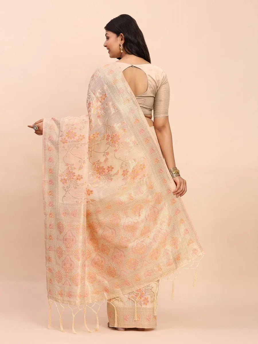 Off White Linen Cotton Saree With Blouse Piece - EZBER