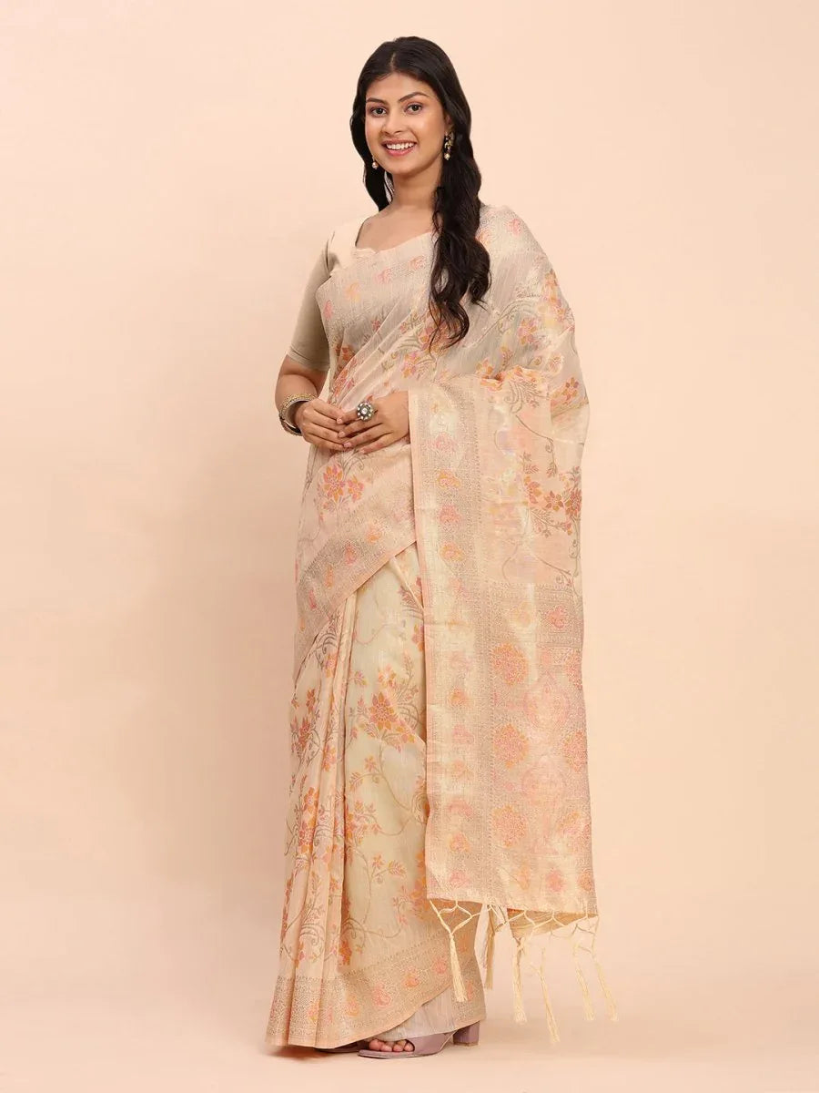 Off White Linen Cotton Saree With Blouse Piece - EZBER