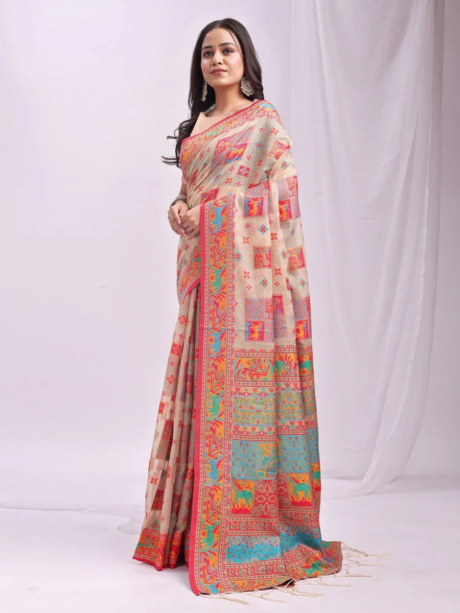 Off White Linen Cotton Saree With Blouse Piece - EZBER