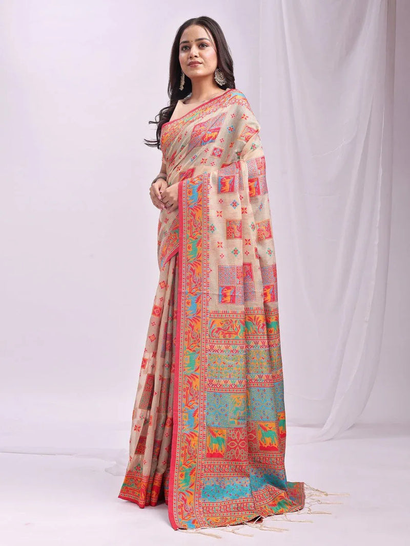Off White Linen Cotton Saree With Blouse Piece - EZBER
