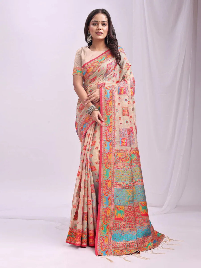 Off White Linen Cotton Saree With Blouse Piece - EZBER