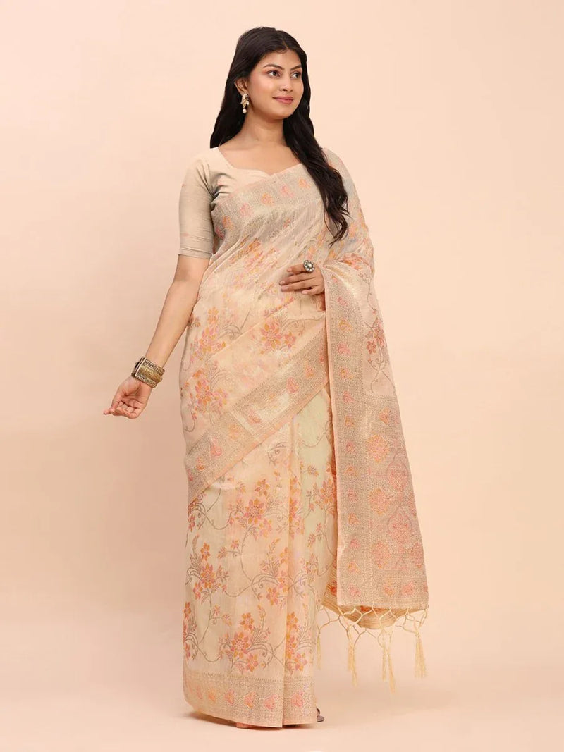 Off White Linen Cotton Saree With Blouse Piece - EZBER