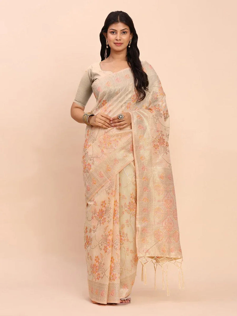 Off White Linen Cotton Saree With Blouse Piece - EZBER
