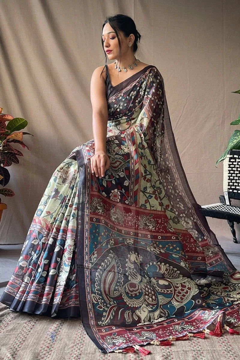 Olive Green Kalamkari Saree - EZBER