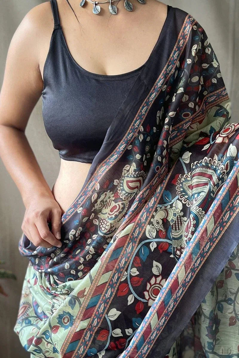 Olive Green Kalamkari Saree - EZBER