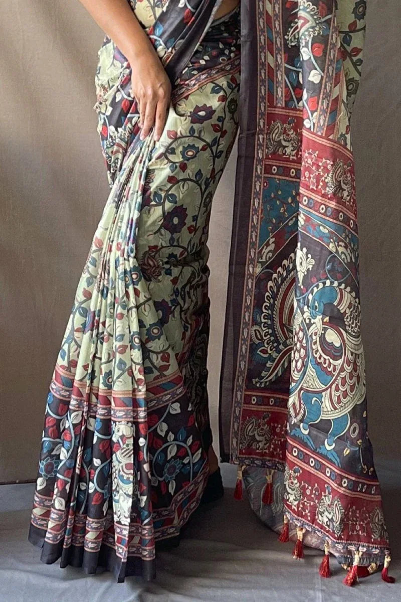 Olive Green Kalamkari Saree - EZBER