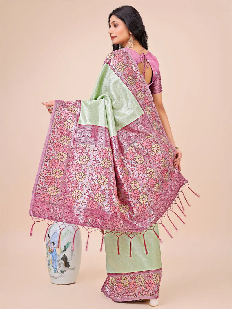 Olive Green Lichi Silk Saree With Blouse Piece - EZBER