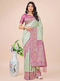 Olive Green Lichi Silk Saree With Blouse Piece - EZBER