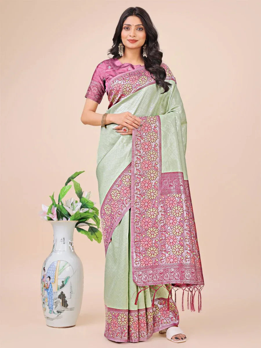 Olive Green Lichi Silk Saree With Blouse Piece - EZBER