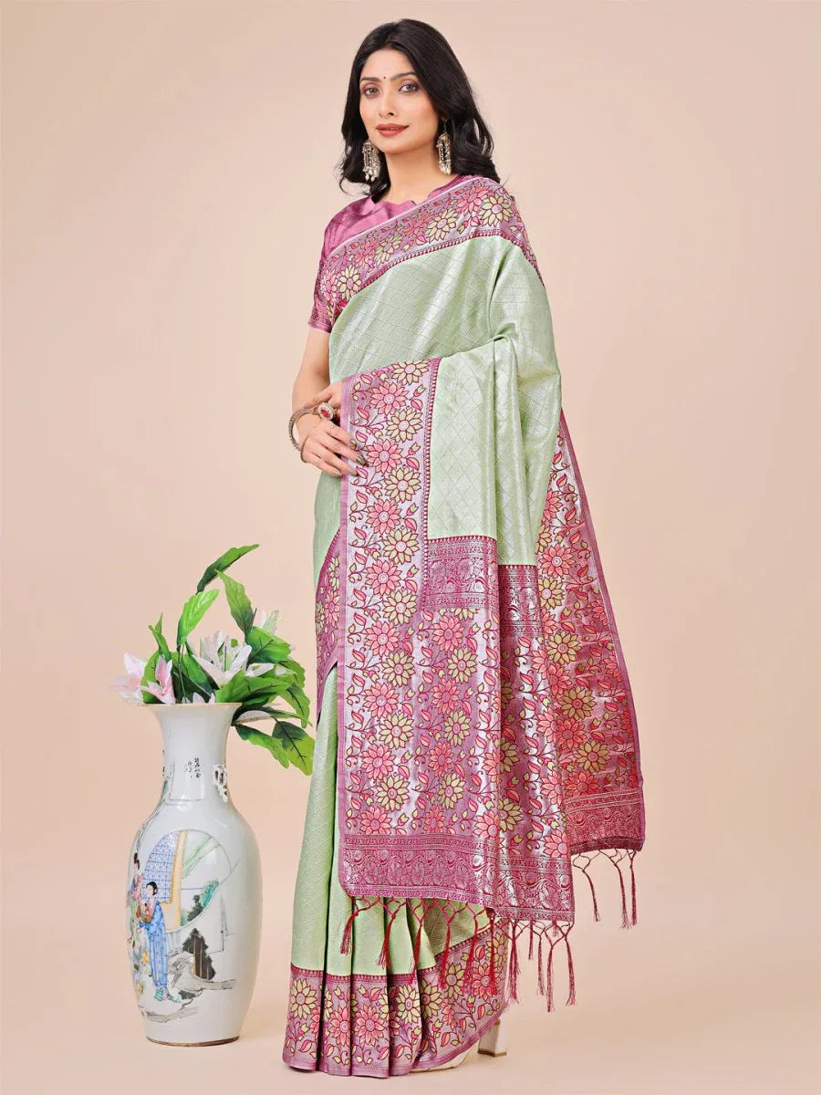 Olive Green Lichi Silk Saree With Blouse Piece - EZBER