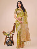 Olive Green Linen Cotton Saree With Blouse Piece - EZBER