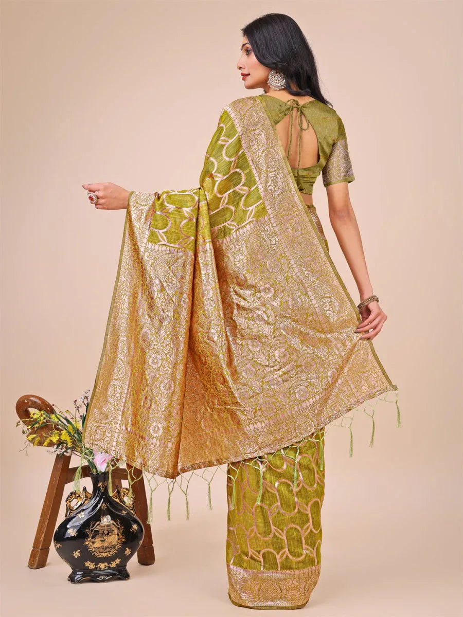 Olive Green Linen Cotton Saree With Blouse Piece - EZBER