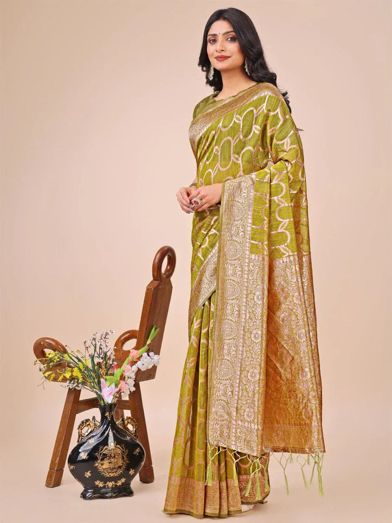 Olive Green Linen Cotton Saree With Blouse Piece - EZBER