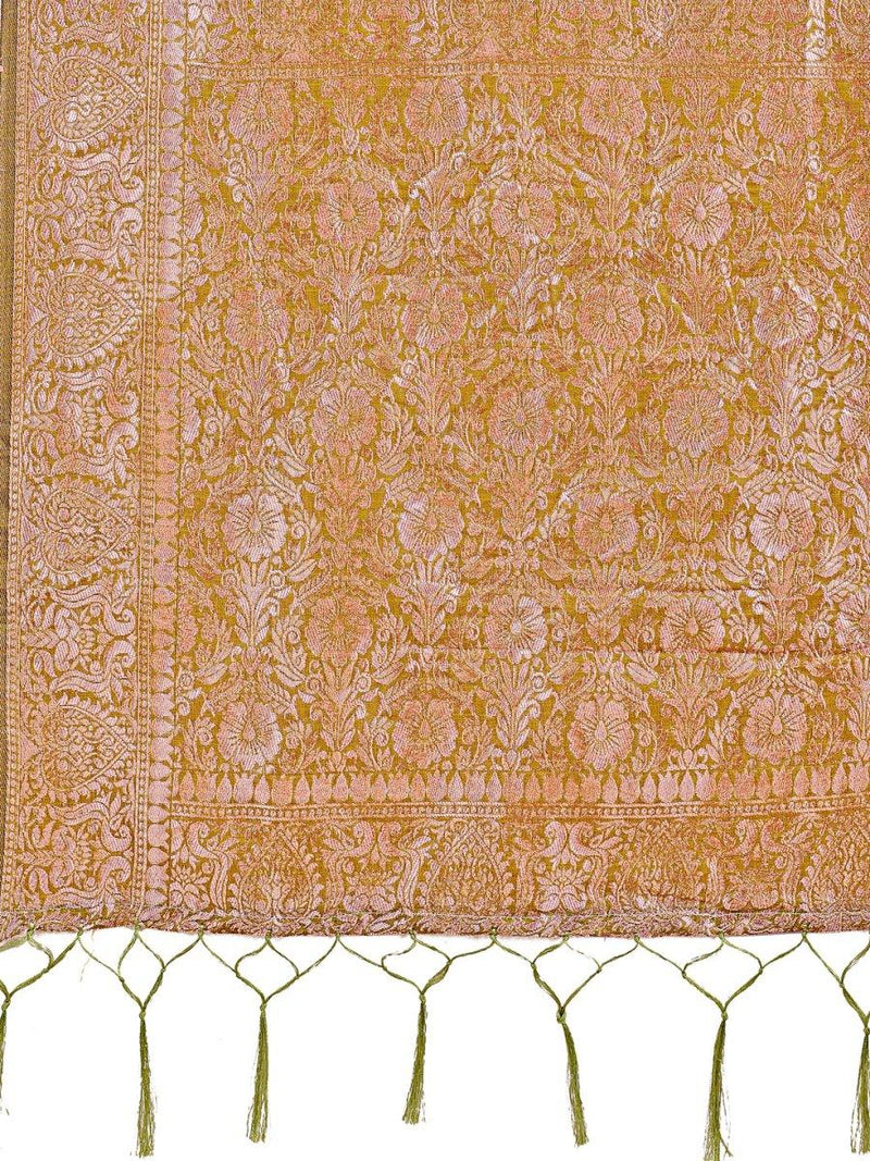 Olive Green Linen Cotton Saree With Blouse Piece - EZBER