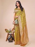 Olive Green Linen Cotton Saree With Blouse Piece - EZBER
