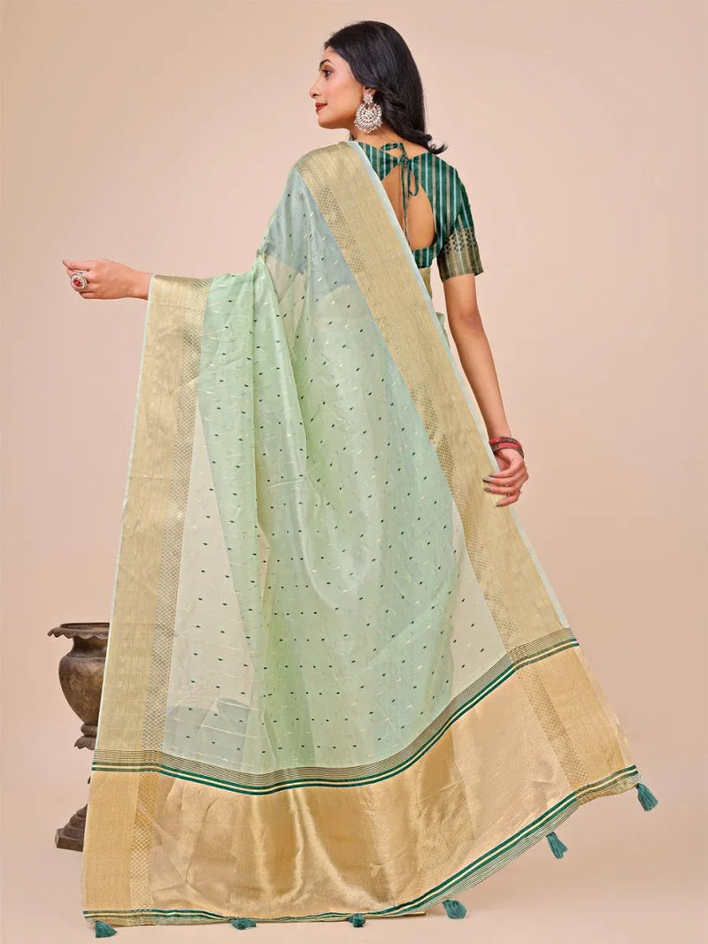 Olive Green Organza Saree With Blouse Piece - EZBER