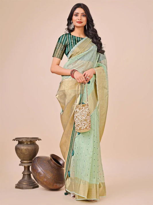 Olive Green Organza Saree With Blouse Piece - EZBER