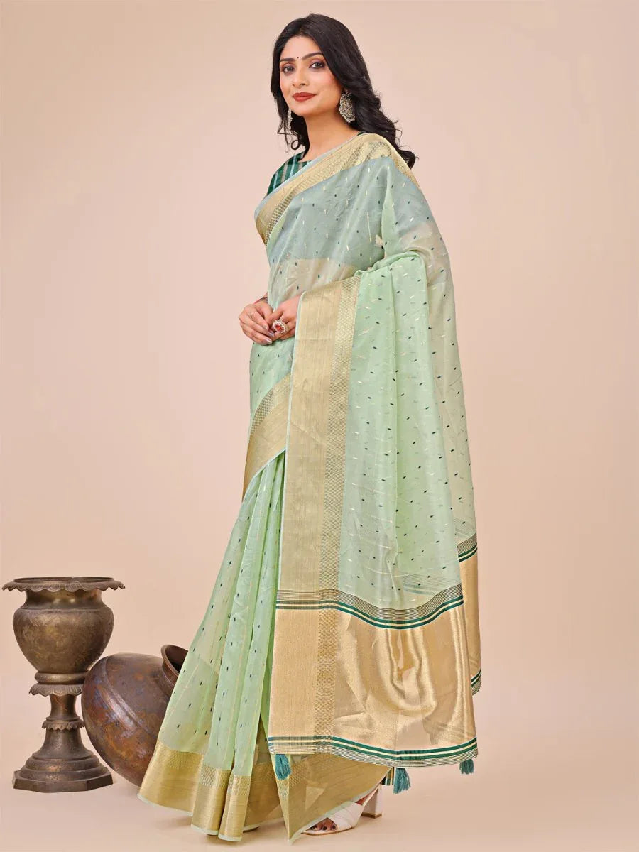 Olive Green Organza Saree With Blouse Piece - EZBER